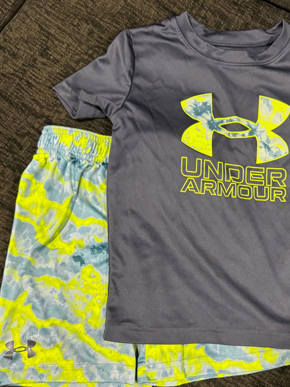 Under Armour Gray Tee with Neon Yellow Camo Logo and Matching Shorts